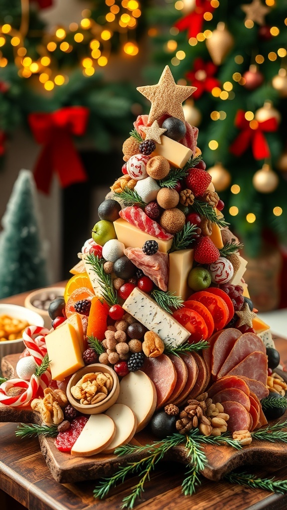 A festive charcuterie board shaped like a Christmas tree, featuring meats, cheeses, fruits, and nuts.